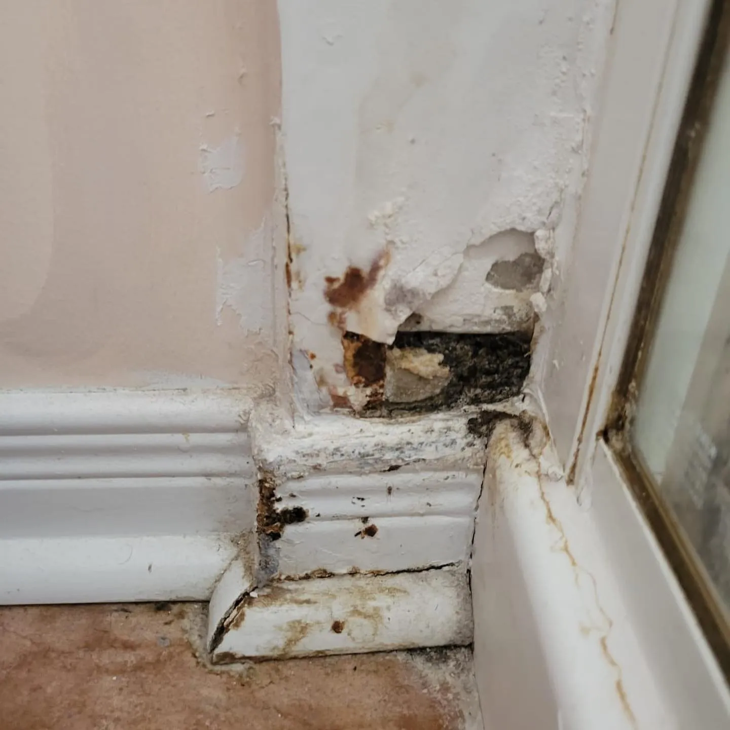 Rusted shower fixture mounting with visible water damage and corrosion marks on surrounding wall